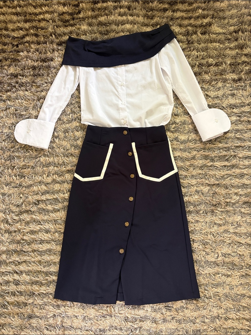 NWOT Asymmetrical Cold Shoulder Top & Button Front Midi Skirt Set Navy White S